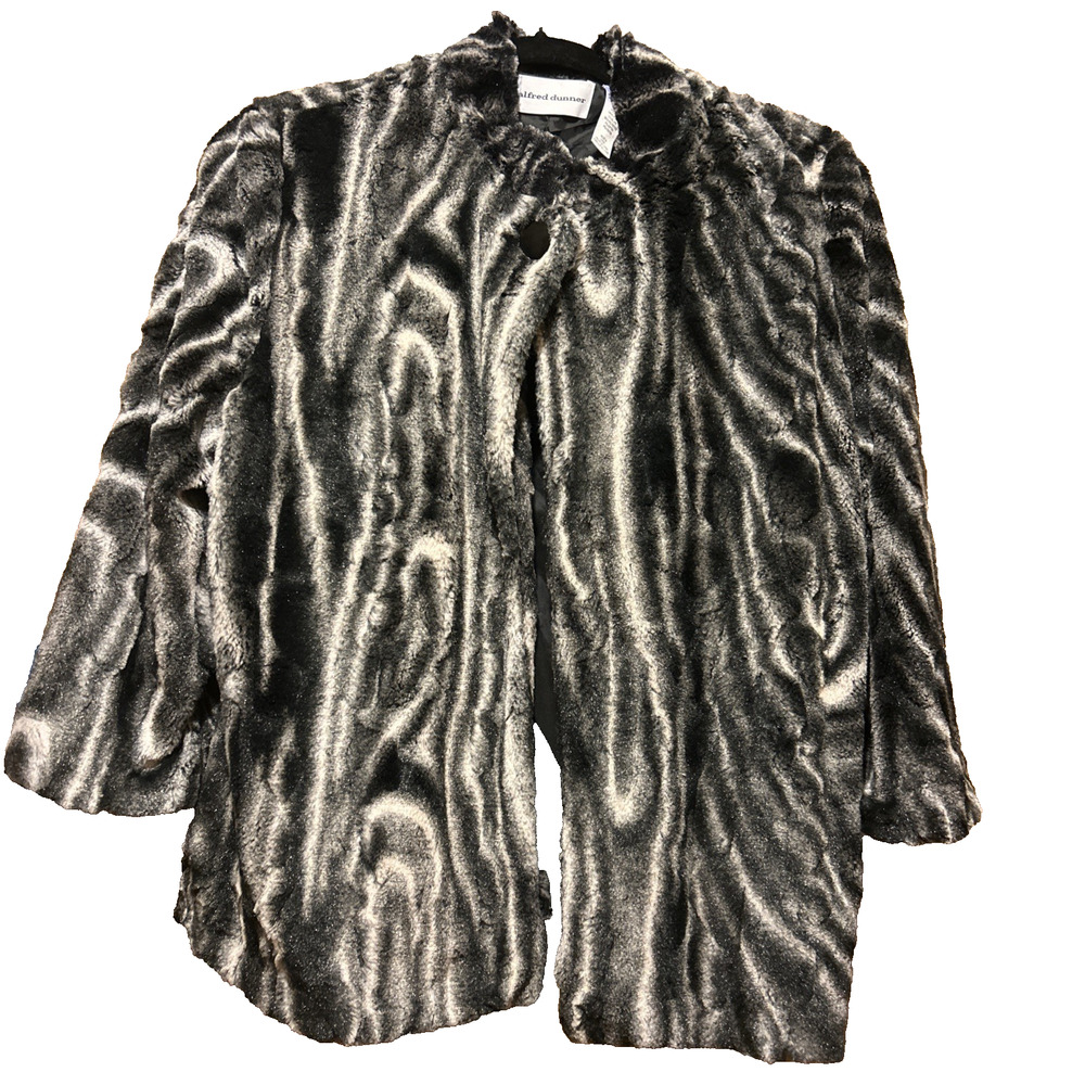 ALFRED DUNNER Women's 3/4 Sleeve Faux Fur Chinchilla Jacket Animal Print Sz 12